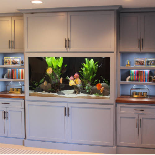 Fish tank integrated into a home entertainment center with cabinets and shelves.