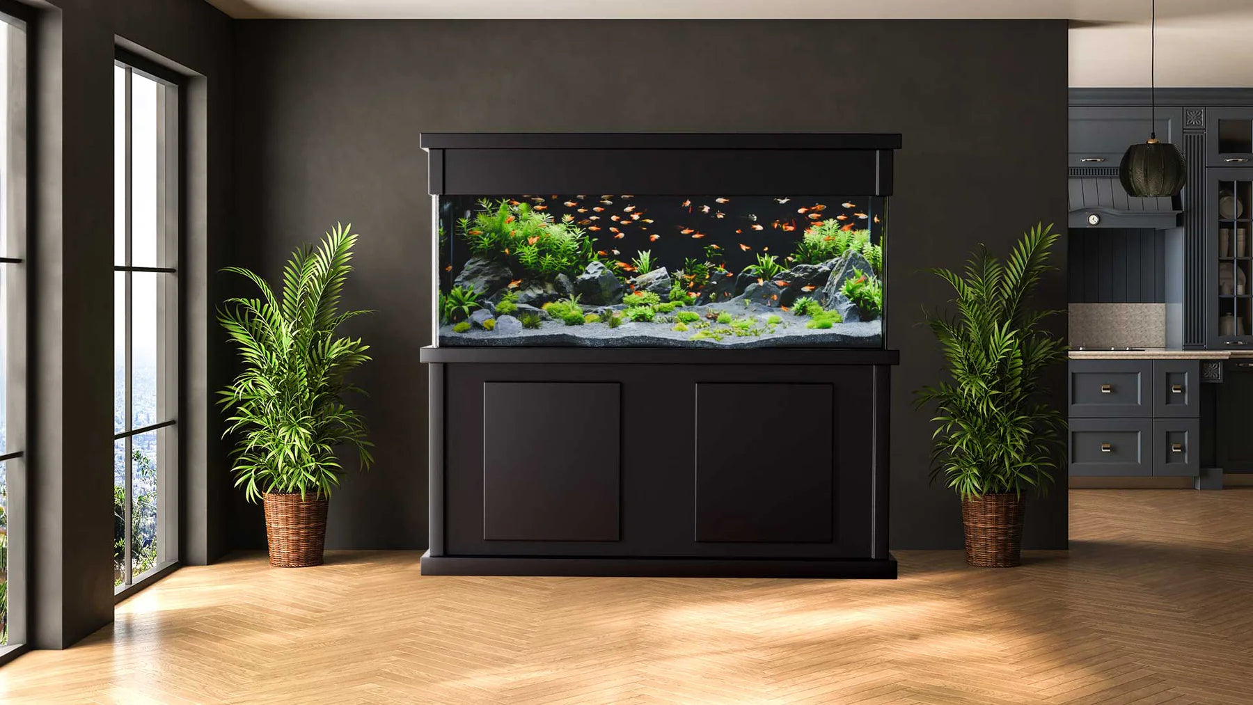 Large aquarium with fish in a modern room with plants and furniture.
