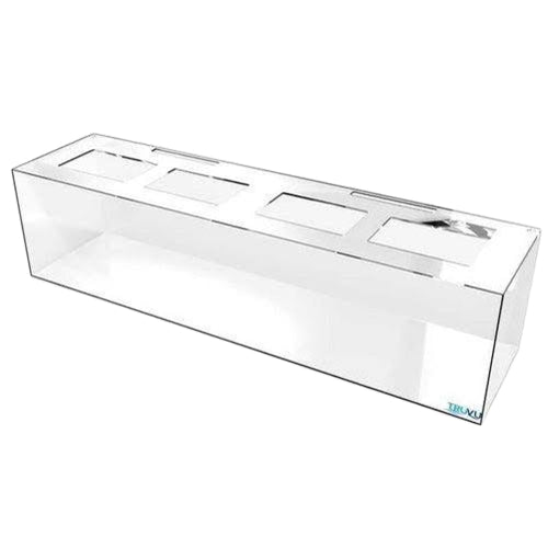 Clear plastic packaging box with a brand logo on a white background
