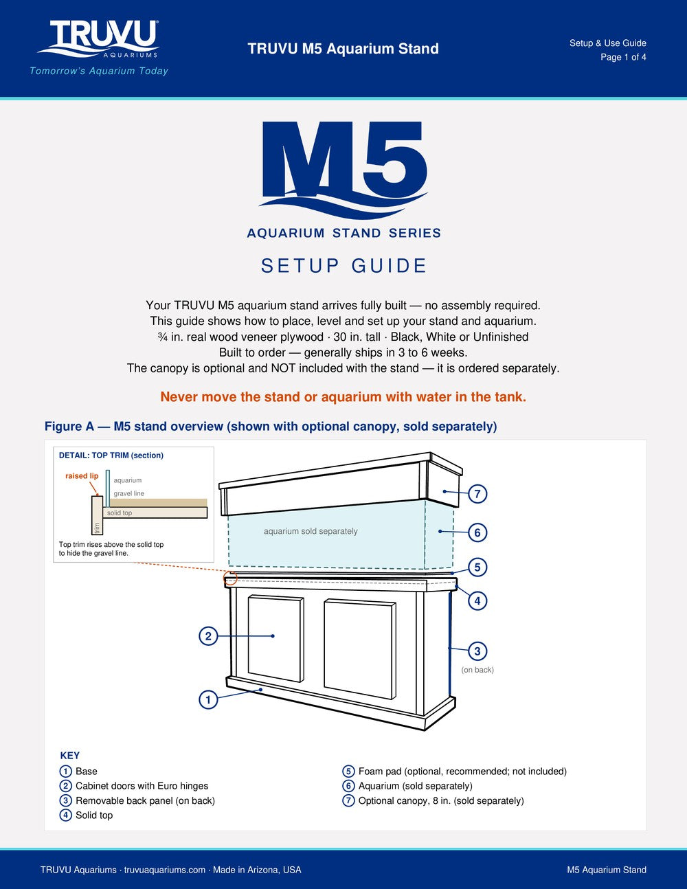 Page 1 of the TRUVU M5 Aquarium Stand setup guide showing the M5 stand with optional canopy and numbered parts